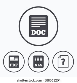 File document and question icons. XLS, PDF and DOC file symbols. Download or save doc signs. Icons in circles.