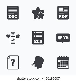 File document and question icons. XLS, PDF and DOC file symbols. Download or save doc signs. Flat talking head, calendar icons. Stars, like counter icons. Vector
