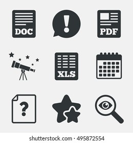File document and question icons. XLS, PDF and DOC file symbols. Download or save doc signs. Attention, investigate and stars icons. Telescope and calendar signs. Vector