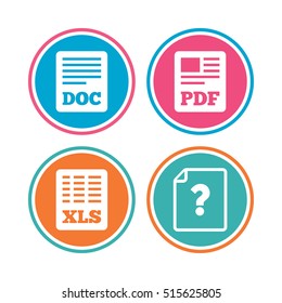 File document and question icons. XLS, PDF and DOC file symbols. Download or save doc signs. Colored circle buttons. Vector