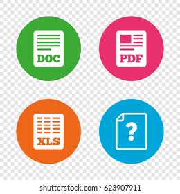 File document and question icons. XLS, PDF and DOC file symbols. Download or save doc signs. Round buttons on transparent background. Vector