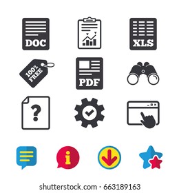 File document and question icons. XLS, PDF and DOC file symbols. Download or save doc signs. Browser window, Report and Service signs. Binoculars, Information and Download icons. Stars and Chat