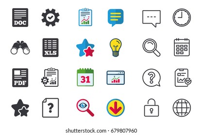 File document and question icons. XLS, PDF and DOC file symbols. Download or save doc signs. Chat, Report and Calendar signs. Stars, Statistics and Download icons. Question, Clock and Globe. Vector