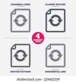 File document refresh icon. Reload doc symbol. Diagonal and horizontal lines, classic outline, dotted texture. Pattern design icons.  Vector
