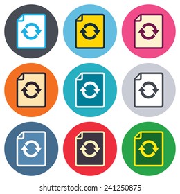 File document refresh icon. Reload doc symbol. Colored round buttons. Flat design circle icons set. Vector