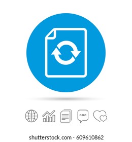 File document refresh icon. Reload doc symbol. Copy files, chat speech bubble and chart web icons. Vector