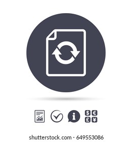 File document refresh icon. Reload doc symbol. Report document, information and check tick icons. Currency exchange. Vector