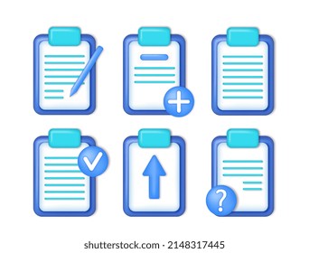 File document set. Collection of icons for website. Information and recording, notes and workflow organization, tasks or goals. Cartoon isometric vector illustrations isolated on white background