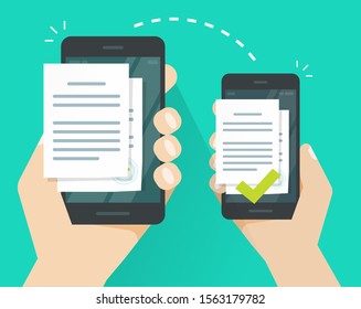 File or document sharing or transferring wirelessly on two mobile phones or cellphones vector illustration, flat cartoon smartphone and data transfer network, air connection or  exchange