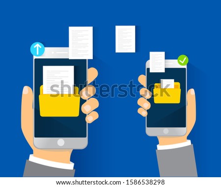 File or document sharing or transferring wirelessly on two mobile phones or cellphones vector illustration