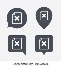 File document stop icon. Delete doc button. Remove file symbol. Map pointers information buttons. Speech bubbles with icons. Vector