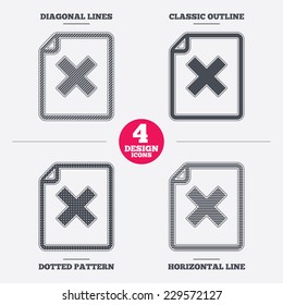 File document stop icon. Delete doc button. Remove file symbol. Diagonal and horizontal lines, classic outline, dotted texture. Pattern design icons.  Vector