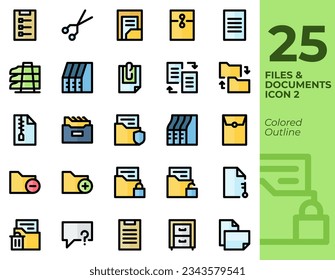 Symbol-Set für Datei- und Dokumentensymbole in farbiger Rahmenform in Pixel, perfekt für Büro-, Geschäfts-, Interface-, Website- und Computeranwendungen. Dazu gehören Dateien, Ordner, Speicherkästen, Archive.