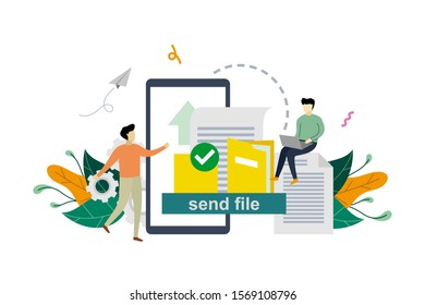 File or document transfer, copy files, backup, file sharing concept vector flat illustration template, suitable for background, landing page, advertising illustration
