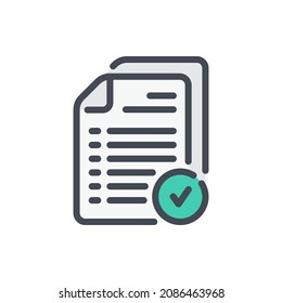 Archivo y documentos con marca de verificación icono de línea de color. Signo colorido del contorno vectorial del documento aprobado.