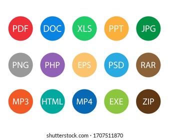 Dateiformatsymbole. Set von flachen abgerundeten Typ Erweiterungen wie doc, pdf, jpeg. Symbol des Dateiformats in verschiedenen Farben. Vektorillustration EPS10