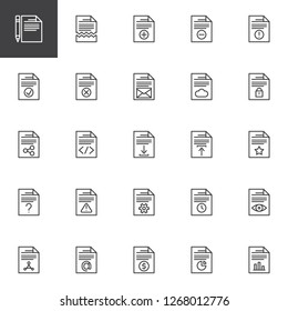 File documents outline icons set. linear style symbols collection, line signs pack. vector graphics. Set includes icons as paper office document, folder page, download message, archive files upload  