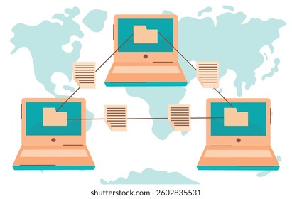 File documents transfer concept illustration with three laptops  on map background
