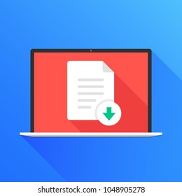 File download button on laptop screen. Downloading document concept. Modern long shadow flat design. Vector illustration