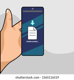 File download button on smartphone screen. Hand holds smartphone downloading document concept for web banners, web sites, infographics