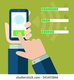 File download button on smartphone screen. hand holding a smart phone in which the downloaded files of different types. Downloading documents concept for web banners, web sites, info graphics. 
