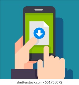 File download button on smartphone screen. Hand holds smartphone, finger touches button. Downloading document concept for web banners, web sites, infographics.