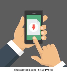 File download concept button on smartphone screen. Hand holds smartphone. Downloading document, infographics. Flat design