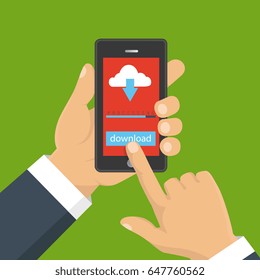 File download concept button on smartphone screen. Hand holds smartphone. Downloading document, infographics. Flat design