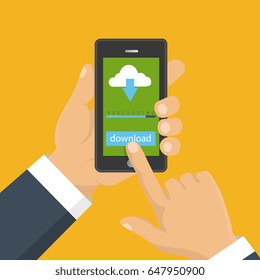 File download concept button on smartphone screen. Hand holds smartphone. Downloading document, infographics. Flat design