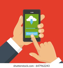 File download concept button on smartphone screen. Hand holds smartphone. Downloading document, infographics. Flat design