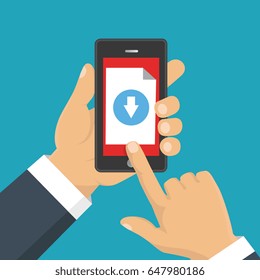 File download concept button on smartphone screen. Hand holds smartphone. Downloading document, infographics. Flat design
