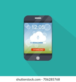 File download concept button on smartphone screen. Downloading document, infographics. Flat design