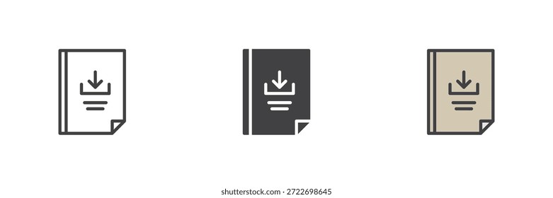 Descarga de archivo diferente estilo icono establecido para guardar el contenido. Línea, sólido y llenado Vector de color de contorno signo y símbolo. Paquete de iconos funcional para Bibliotecas digitales y recursos de iconos de libros.