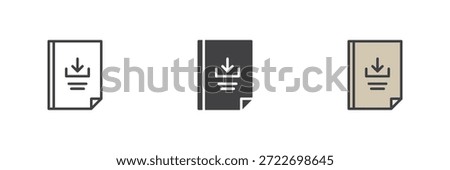 File download different style icon set for saving content. Line, solid and filled outline color vector sign and symbol. Functional icon pack for digital libraries and book icon resources.