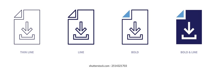 Icono de Descarga de archivos en 4 estilos diferentes. Línea delgada, línea, negrita y línea negrita. Estilo duotono. Trazo editable.