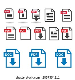Icono de descarga de archivos. Texto del documento, información de formato web de símbolos. Conjunto de iconos del documento