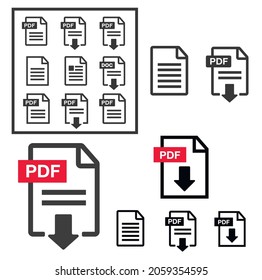 Icono de descarga de archivos. Texto del documento, información de formato web de símbolos. Conjunto de iconos del documento