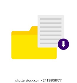 File download icon. Flat, yellow, down arrow, document file, file download button design. Vector icon