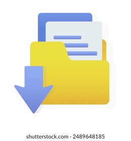 Descarga de archivo Carpeta con documentos. Signo del icono del documento con la flecha hacia abajo. Ilustración vectorial