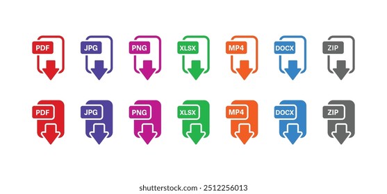 Ícones de download de arquivo. PDF, JPG, PNG, XLSX, MP4, DOCX, ZIP Formatos de download de arquivos em design plano. Extensões de download de formato de arquivo e documentos. Ícones para a interface do usuário. Ilustração vetorial.