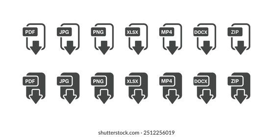 Ícones de download de arquivo. PDF, JPG, PNG, XLSX, MP4, DOCX, ZIP Formatos de download de arquivos em design plano. Extensões de download de formato de arquivo e documentos. Ícones para a interface do usuário. Ilustração vetorial.