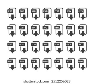 Ícones de download de arquivo. PDF, JPG, PNG, XLSX, MP4, DOCX, ZIP Formatos de download de arquivos em design plano. Extensões de download de formato de arquivo e documentos. Ícones para a interface do usuário. Ilustração vetorial.