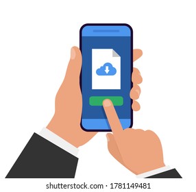 File download with phone. Document downloading app. Hand holds smartphone with download file manager. Vector illustration.