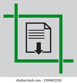 File download sign. Black icon inside green crop tool at light gray background