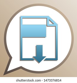 File download sign. Bright cerulean icon in white speech balloon at pale taupe background. Illustration.