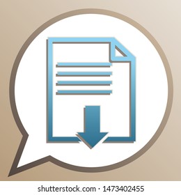 File download sign. Bright cerulean icon in white speech balloon at pale taupe background. Illustration.