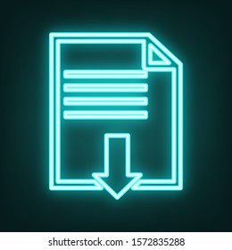 File download sign. Cyan neon icon in the dark. Bluring. Luminescence. Illustration.