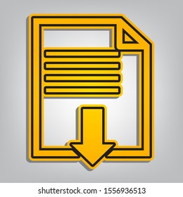 File download sign. Flat orange icon with overlapping linear black icon with gray shadow at whitish background. Illustration.