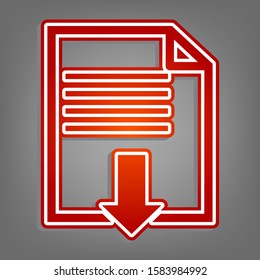 File download sign. Flat red icon with linear white icon with gray shadow at grayish background. Illustration.