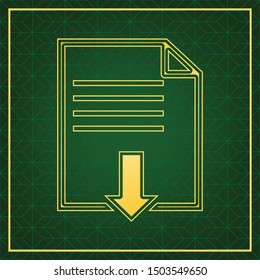 File download sign. Golden icon with gold contour at dark green gridded white background. Illustration.